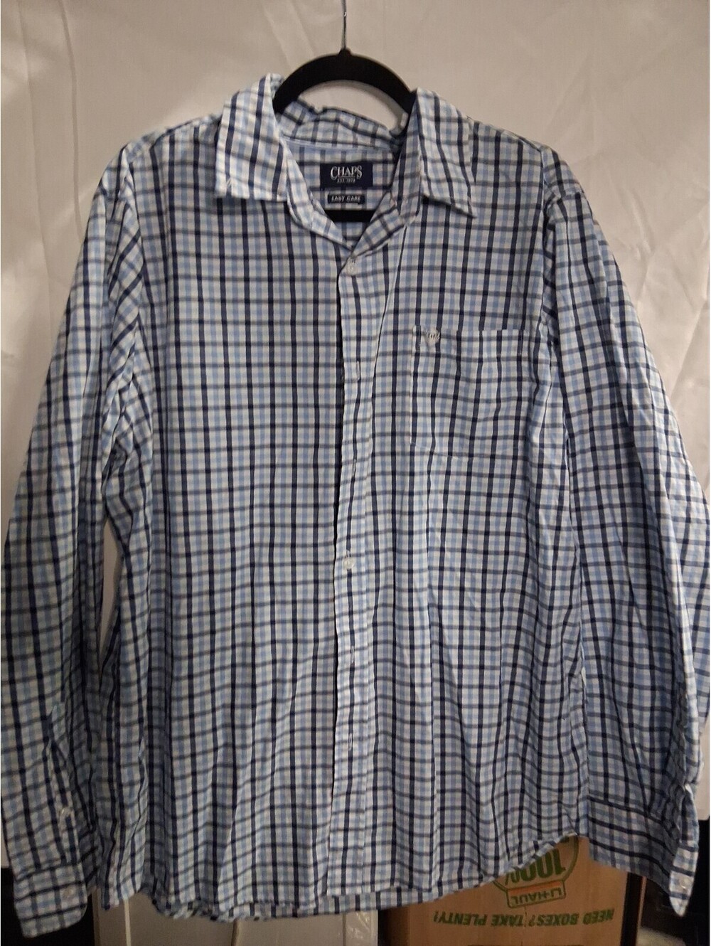 Chaps Shirt Mens Size XL Blue Plaid Easy Care Long Sleeve Pocket  H2